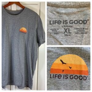 Life is Good Crusher T Shirt Mens XL Graphic Tee‎ Sunset Birds Gray Made in Peru